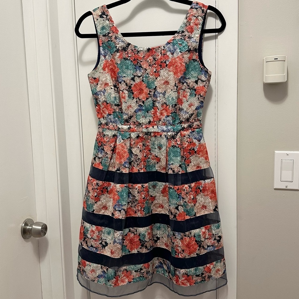 ModCloth Minuet Fit & Flare Dress Womens Sz S Navy Blue Floral Stretch Back Zip